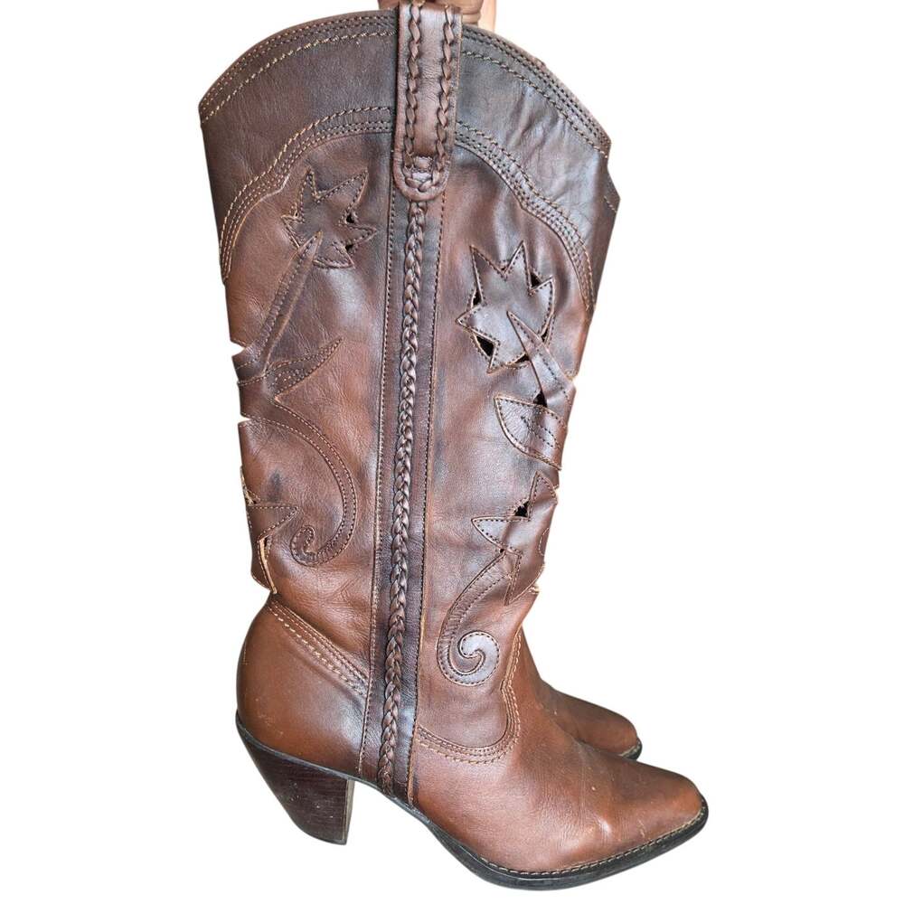 Vintage Laser Cut Out Brown Leather Western Boot Cowgirl Braided Toe Womens 9